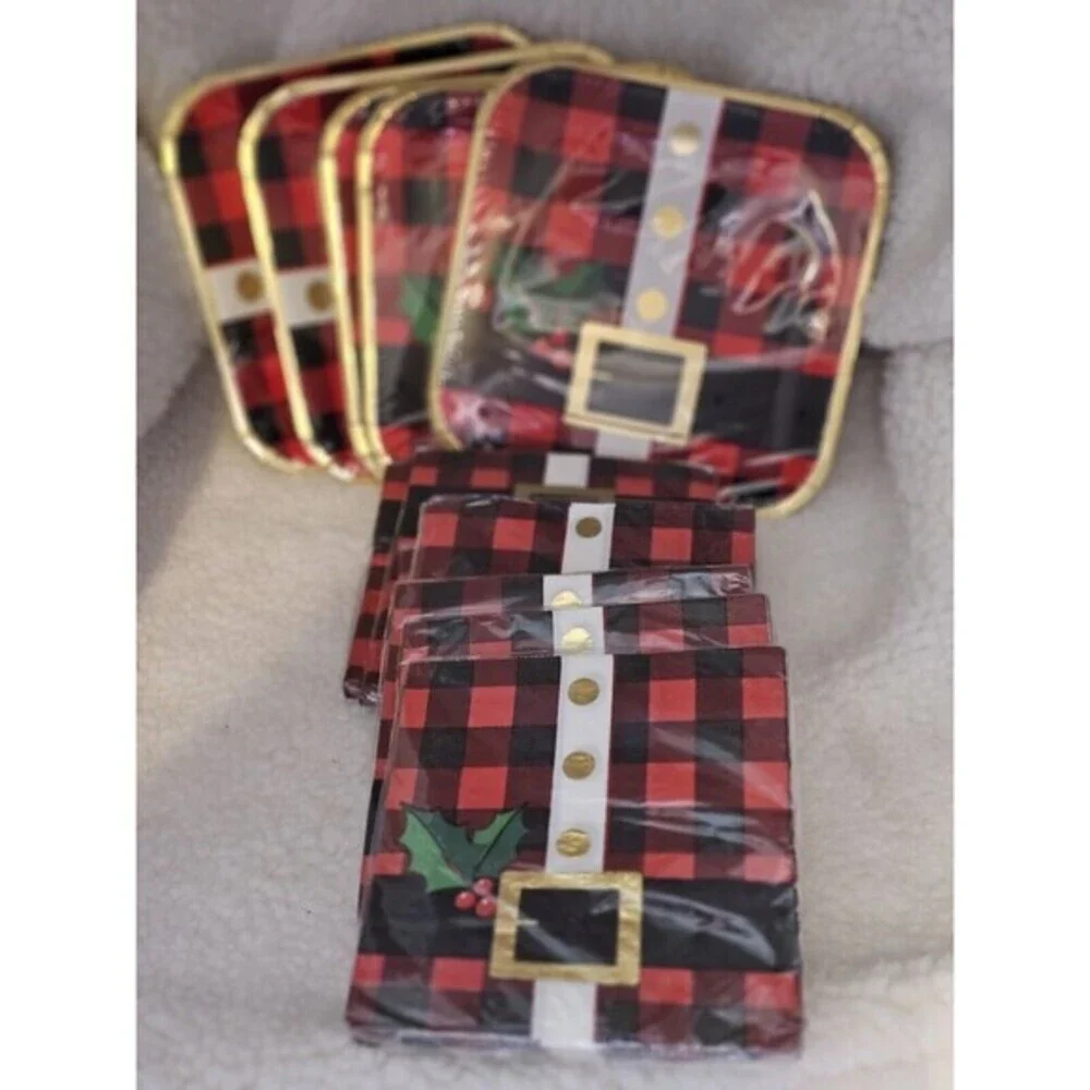 Christmas Santa Belt Party 5 pkgs Napkins & 5 pkgs Plates Set NEW Sealed Plaided
